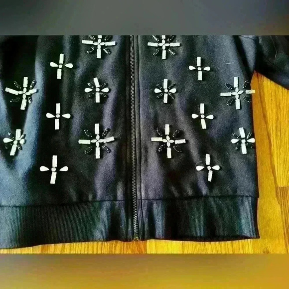 BANANA REPUBLIC - Jeweled Bomber Jacket. Navy with Fleece Lining. Medium - Picture 5 of 11